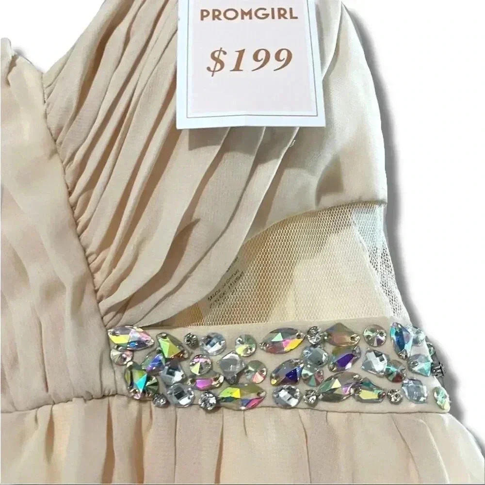 MASQUERADE Beige Strapless Mini Prom Dress Beaded Waistband Sweetheart Size 3/4 - Picture 4 of 12